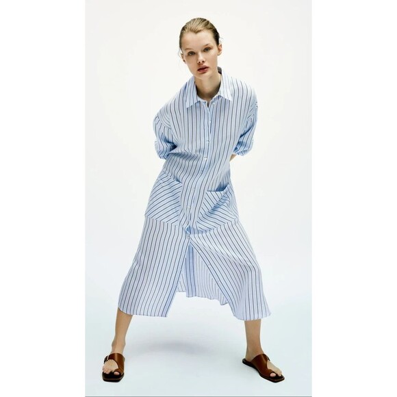 Zara Long Sleeves Oversized Shirt Midi Dress Tie Belt XS Lagenlook Blue Striped - Picture 2 of 15